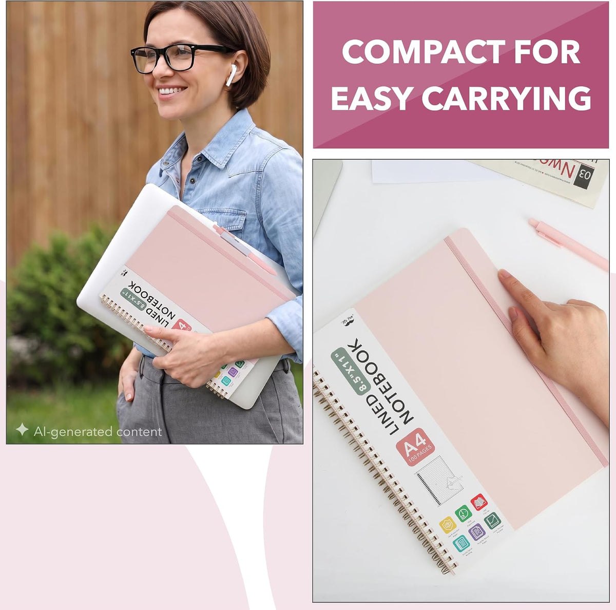 Mr. Pen- Lined Spiral Journal Notebook, 8.5"x11", 100 Pages, Blush