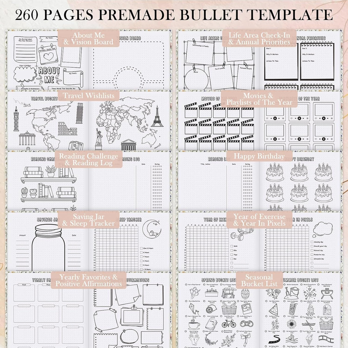 Everloria Premade Dotted Journal Notebook, 12 Months Pre-made Bullet Templates, 260 Hand-Drawn Coloring Pages, Undated Weekly & Monthly Planner, 7.8"x9.3" Leather Dot Grid Habit Mood Tracker