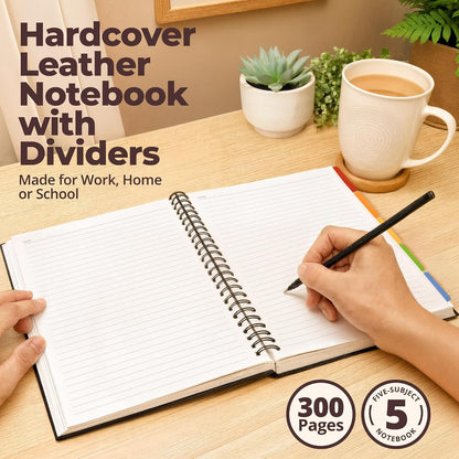 Hardcover Lined Spiral Notebook with Removable Dividers Leather Bound Black