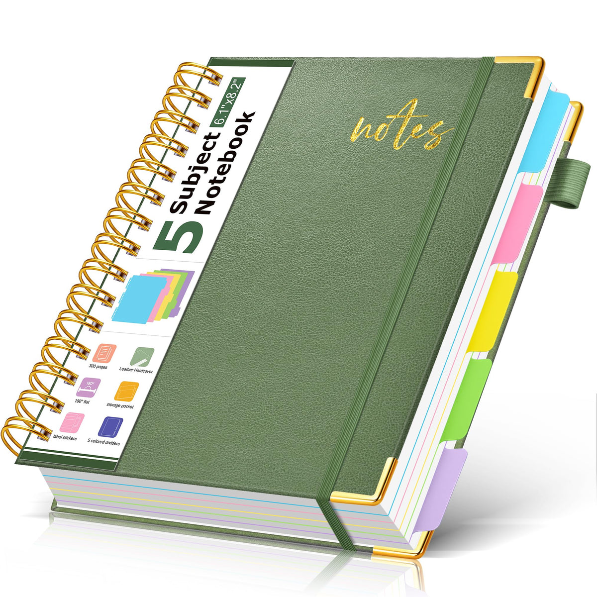 5 Subject Spiral Notebook Journal with Removable Dividers Tabs, 300 Pages Organizer Notebooks for Work School, 8"x10" Hardcover Leather Notebook College Ruled, Large Lined Journal for Women Men,Green