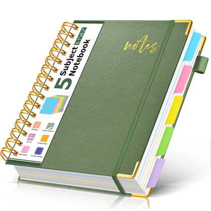 5 Subject Spiral Notebook Journal with Removable Dividers Tabs, 300 Pages Organizer Notebooks for Work School, 8"x10" Hardcover Leather Notebook College Ruled, Large Lined Journal for Women Men,Green