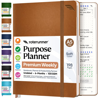 Roterunner Purpose Planner Notebook A5 5.8”x8.3” Undated 2026 Daily Weekly and Monthly Productivity Goal Setting Tool for Work Home ADHD Planner for Adults Self Care Journal (Tan Hardcover)