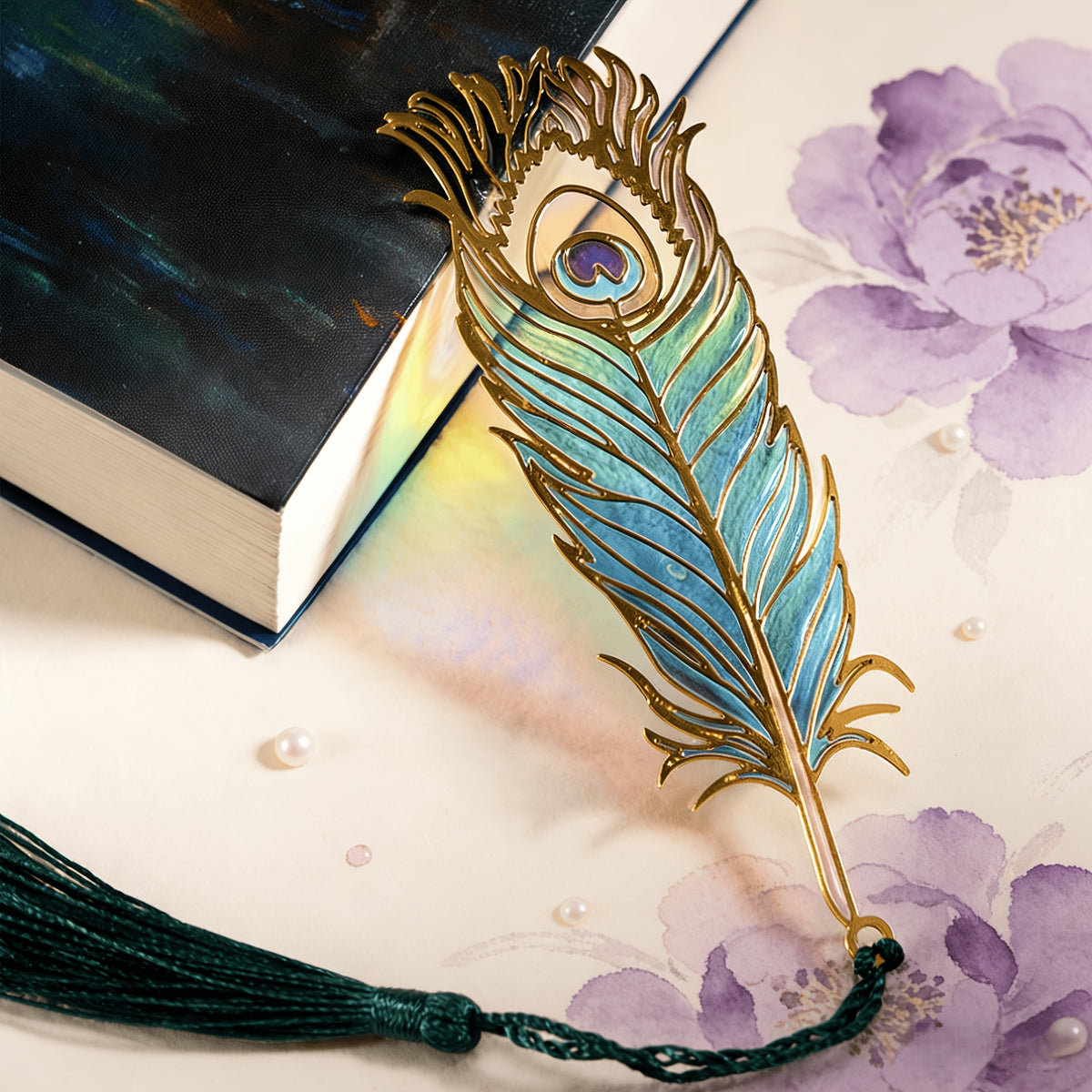 Authentic Chinese-style Metal Translucent Peacock Feather, Blue Feather, Pink Feather, and Red-Golden Feather Bookmarks. A High-end Artistic Gift with Flowing Light and Shadow, Featuring Colorful Semi-transparent Exquisite Hollow-out Designs. Elegant