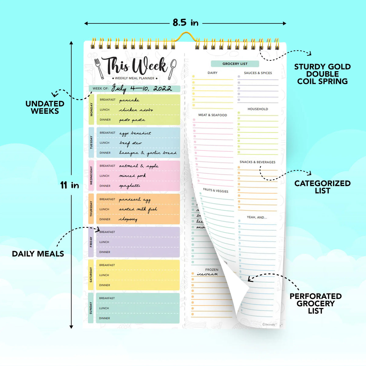 Decorably 52 Sheets Pastel Undated Magnetic Weekly Meal Planner and Grocery List Notepad with 4 Strong Magnets - 8.5x11in Spring-Bound, Refrigerator Mountable, Easy Tear-Off Design
