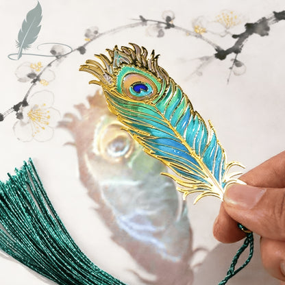 Authentic Chinese-style Metal Translucent Peacock Feather, Blue Feather, Pink Feather, and Red-Golden Feather Bookmarks. A High-end Artistic Gift with Flowing Light and Shadow, Featuring Colorful Semi-transparent Exquisite Hollow-out Designs. Elegant