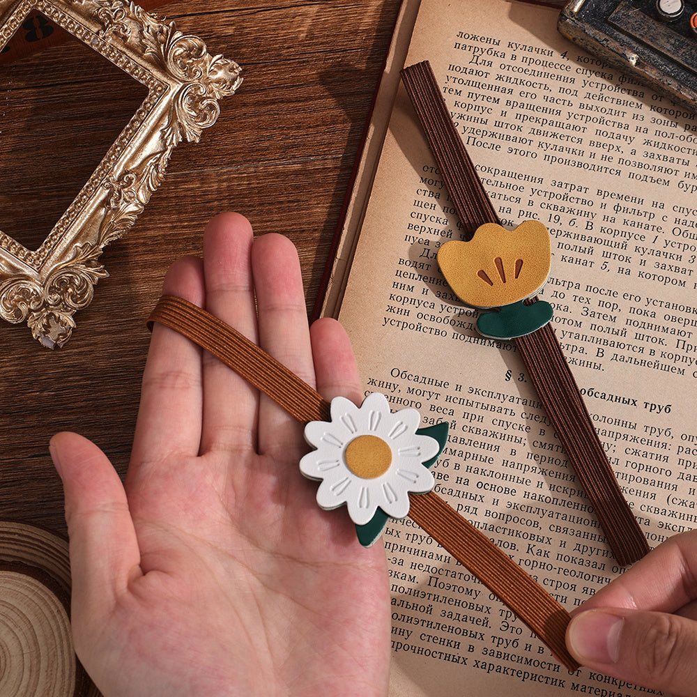 Pack of 2 Secure Page Holder & Closure Straps Cute Elastic Book Bands & Page Markers Flowers Leaves for Journals, Notebooks, Planners, Hardcover Books, Reading Aid and Lovely Accessories for Book Lovers