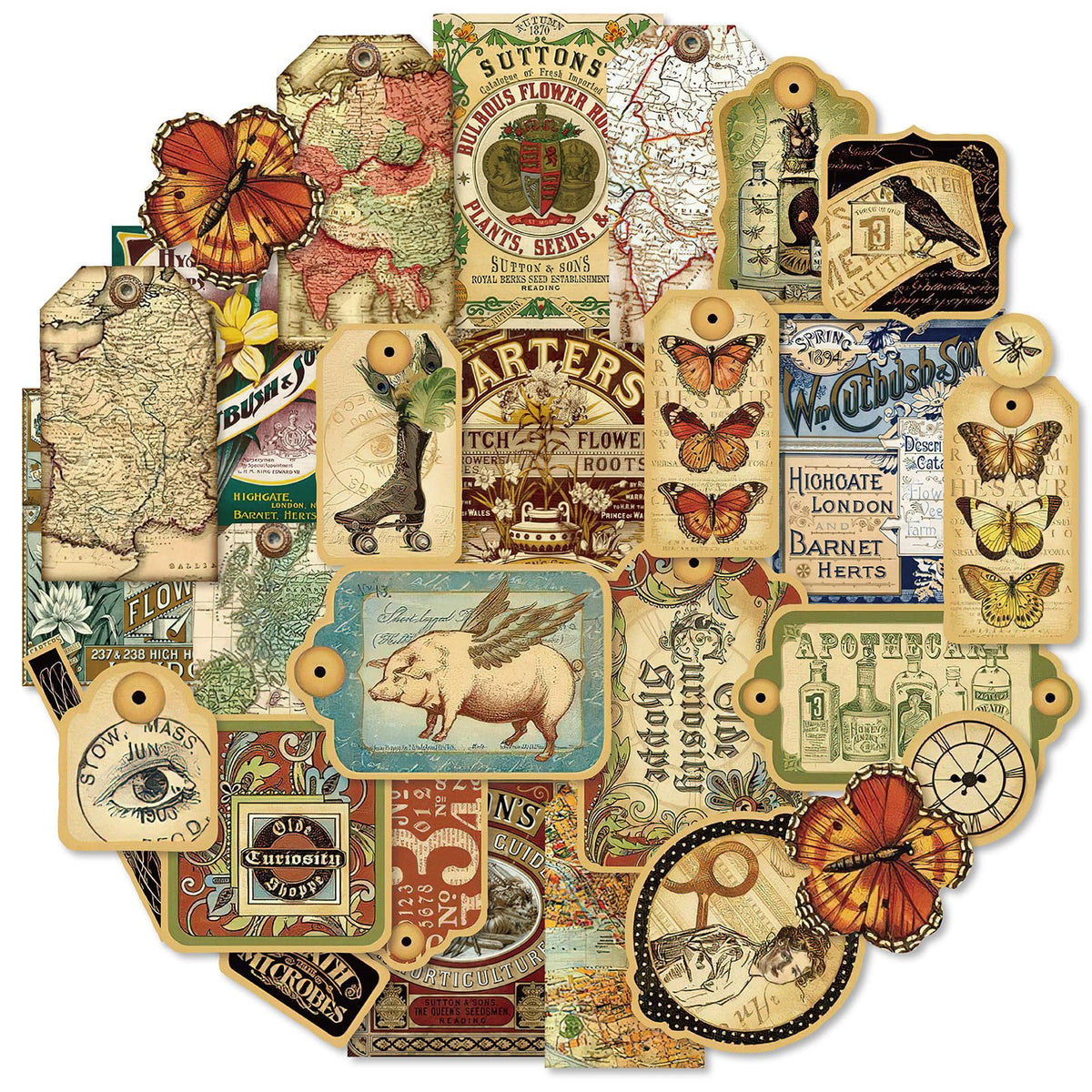 PRSTINCOL Vintage Journaling Stickers,Scrapbook Supplies for Planners,100Pcs Junk Journal Supplies with Antique Map Prints, Distressed Edges for Teenagers Adults