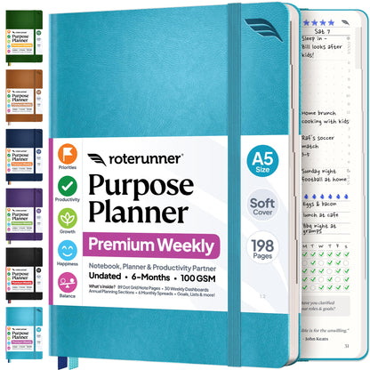 Roterunner Purpose Planner Notebook A5 5.8”x8.3” Undated 2026 Daily Weekly and Monthly Productivity Goal Setting Tool for Work Home ADHD Planner for Adults Self Care Journal (Tan Hardcover)
