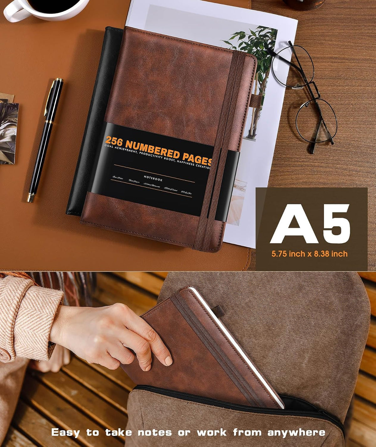 Lined Journal Notebook for Women Men, 256 Numbered Pages Hardcover Leather Journals for Writing, A5 Journaling Notebooks, College Ruled Journal for Business Work School Note Taking 5.75" x 8.38" Brown