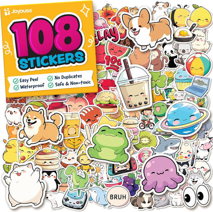 Cute Stickers for Kids Classroom Decor - 108pc Kawaii Water Bottle Stickers for Teens - Waterproof Vinyl Teacher Reward Stickers for Water Bottles - Back to School Supplies - Classroom Must Haves