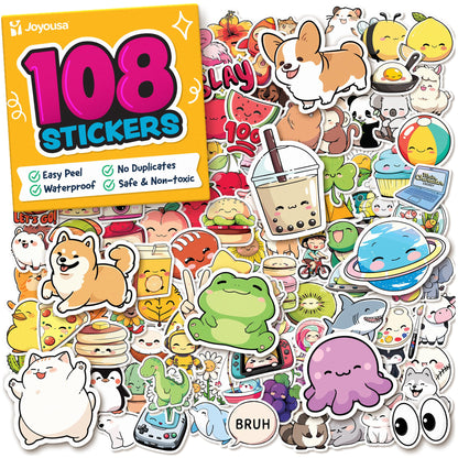 Cute Stickers for Kids Classroom Decor - 108pc Kawaii Water Bottle Stickers for Teens - Waterproof Vinyl Teacher Reward Stickers for Water Bottles - Back to School Supplies - Classroom Must Haves