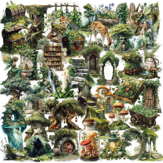 50PCS Forest Stickers PET Transparent Stickers Vintage Fantasy Forest Decals Waterproof Decorative Decals for Scrapbook DIY Crafts Album Bullet Journal Planner Water Bottles Laptops (Forest)