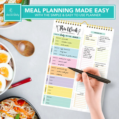 Decorably 52 Sheets Pastel Undated Magnetic Weekly Meal Planner and Grocery List Notepad with 4 Strong Magnets - 8.5x11in Spring-Bound, Refrigerator Mountable, Easy Tear-Off Design