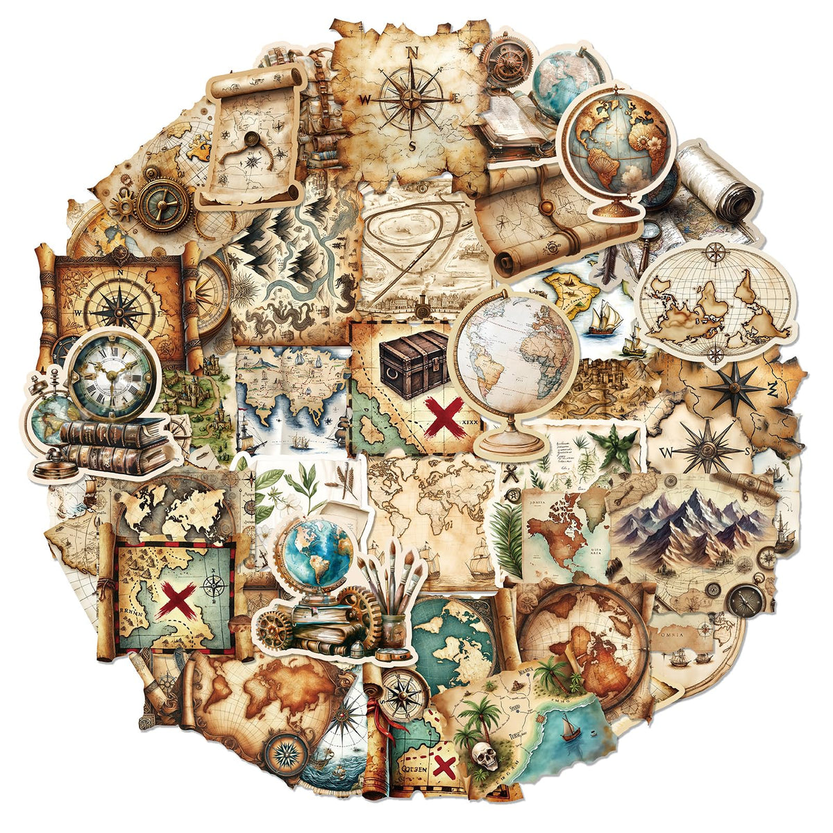 PRSTINCOL Vintage Journaling Stickers,Scrapbook Supplies for Planners,100Pcs Junk Journal Supplies with Antique Map Prints, Distressed Edges for Teenagers Adults
