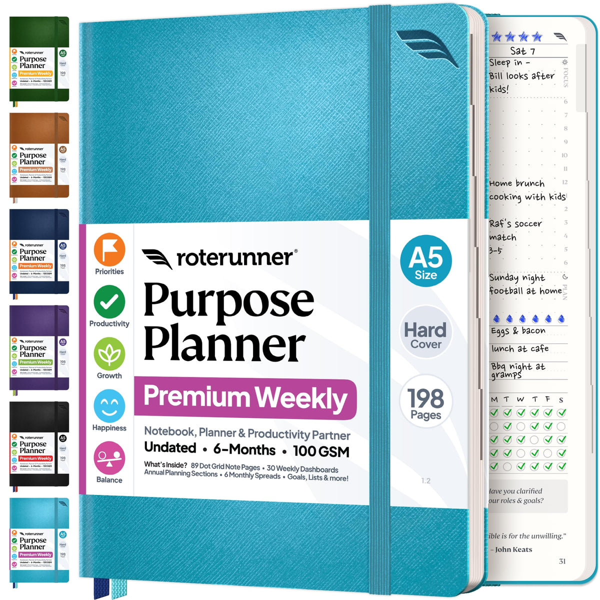 Roterunner Purpose Planner Notebook A5 5.8”x8.3” Undated 2026 Daily Weekly and Monthly Productivity Goal Setting Tool for Work Home ADHD Planner for Adults Self Care Journal (Tan Hardcover)