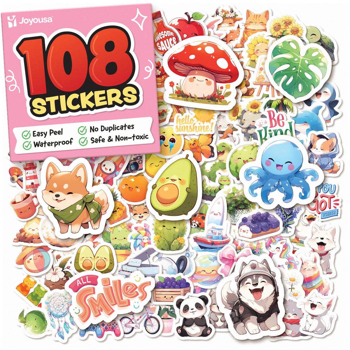 Cute Stickers for Kids Classroom Decor - 108pc Kawaii Water Bottle Stickers for Teens - Waterproof Vinyl Teacher Reward Stickers for Water Bottles - Back to School Supplies - Classroom Must Haves
