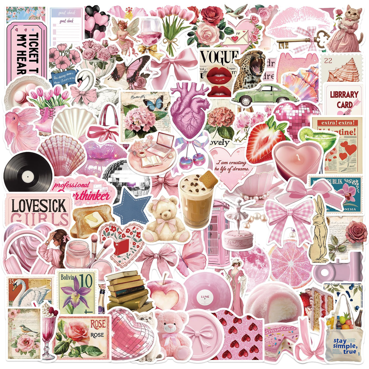 60pcs Coquette Stickers Cute Vinyl Laptop Stickers, Waterproof Aesthetic Stickers, Pink Sticker Pack for Girls Water Bottles Laptop Computer Phone Guitar (60 Coquette Stickers)
