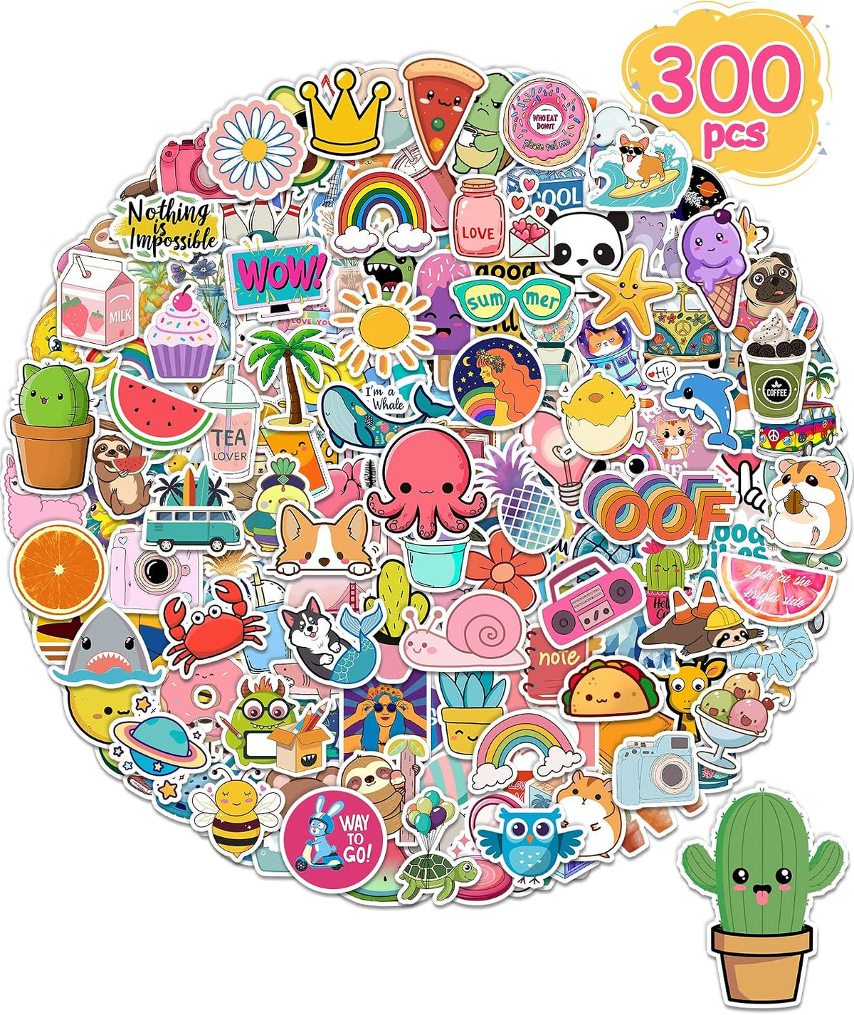 300 Pcs Stickers for Kids, Cute Vinyl Waterproof Stickers for Water Bottle