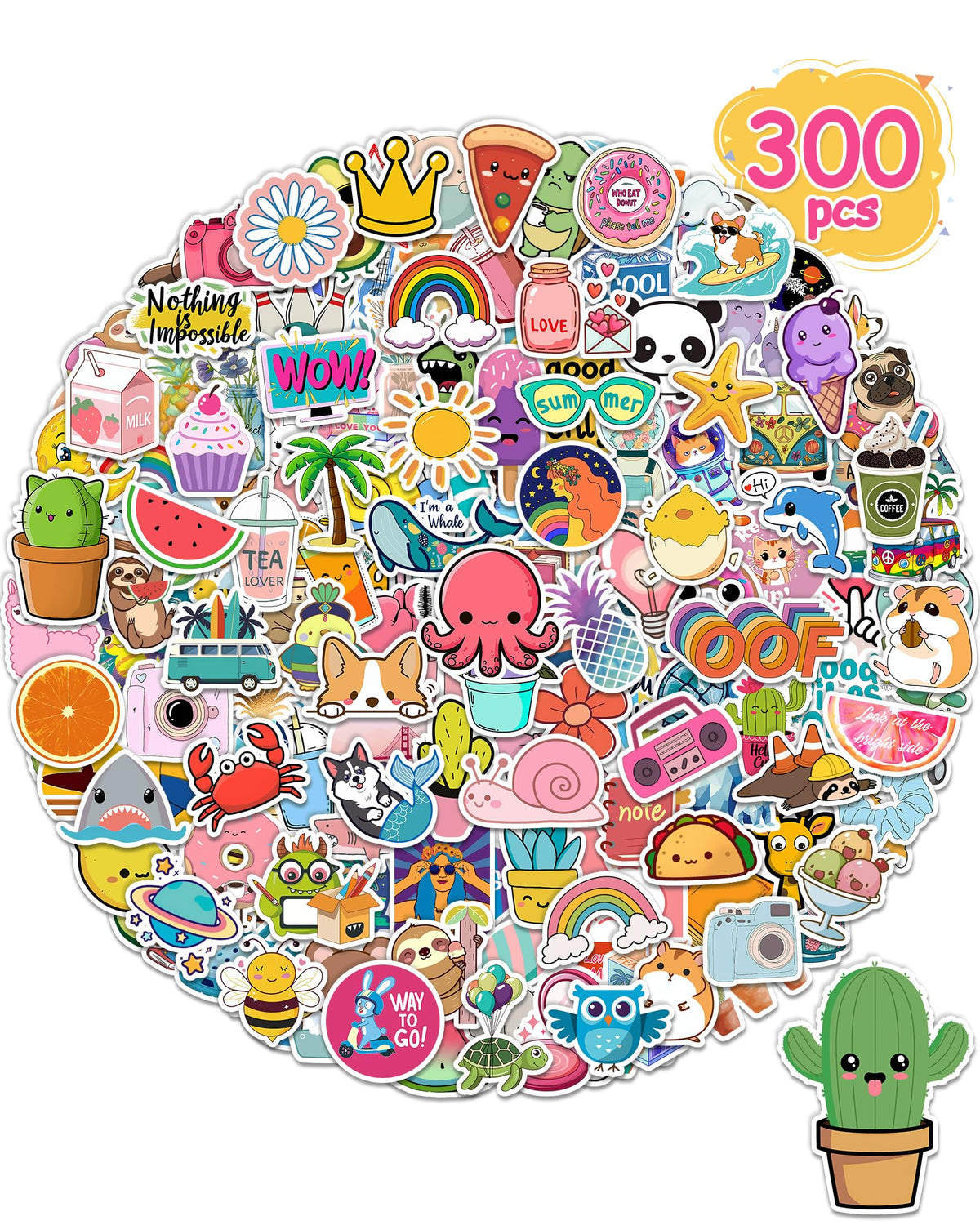 300 Pcs Stickers for Kids, Cute Vinyl Waterproof Stickers for Water Bottle
