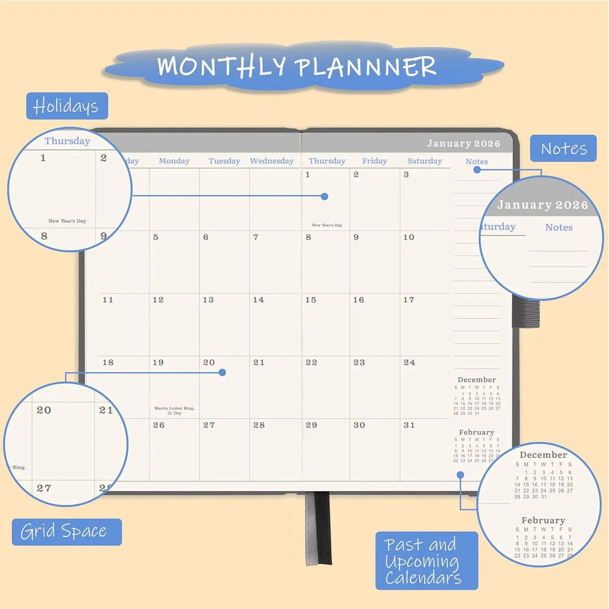 Grey 2026-2028 Pocket Planner Notebook - Hardcover Journal, Office Stationery Supplies, 36-Month Monthly Organizer Appointment Books & Planners, 6.2"x4", Jan 2026-Dec 2028, 60 Notes Pages, Contacts, Holidays, Pen Holder, Elastic Closure, Printed Paper App