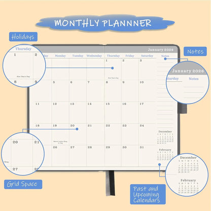 Grey 2026-2028 Pocket Planner Notebook - Hardcover Journal, Office Stationery Supplies, 36-Month Monthly Organizer Appointment Books & Planners, 6.2"x4", Jan 2026-Dec 2028, 60 Notes Pages, Contacts, Holidays, Pen Holder, Elastic Closure, Printed Paper App