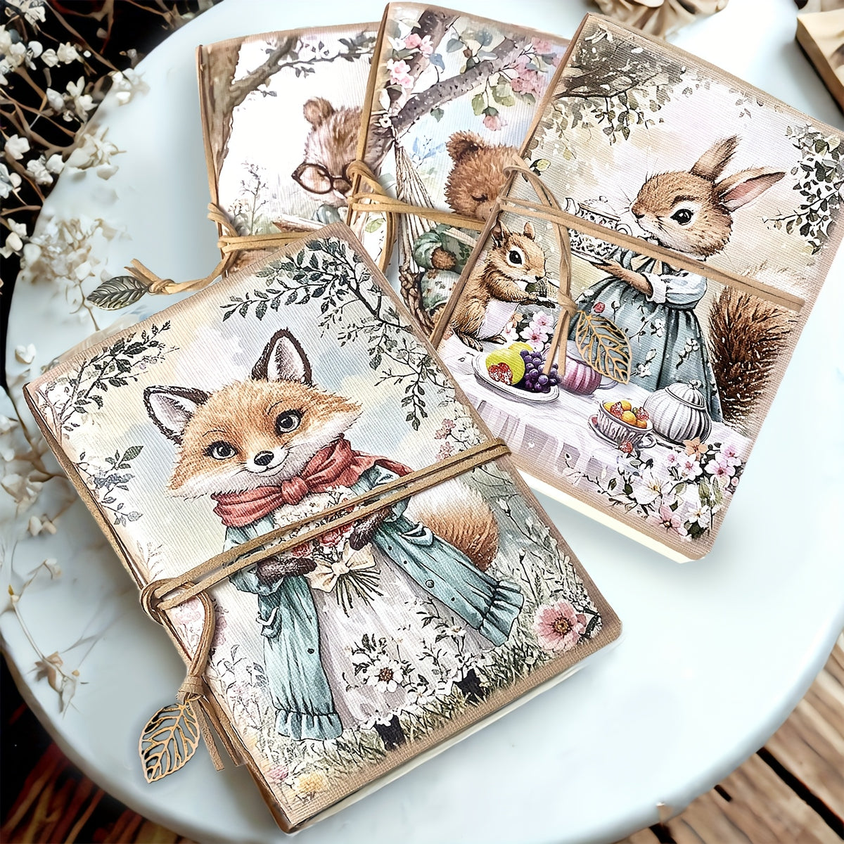 1/4pcs,A5,80pages,animal tea party notebook,squirrel party sketchbook with tie lanyard journal,Little Bear Fox Drawing notebook,blank diary,Stationery notebook,Planner,Travel diary,Office supplies,school supplies,Perfect Gift,back to school