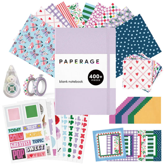 PAPERAGE Junk Journal Notebook & Scrapbooking Kit, Complete Stationery Set with 160-Page Blank Notebook, Sticker Sheets, Washi Tapes, Patterned Papers, Layering Supplies & Tape Roller, All-In-One Beginner Journaling Kit