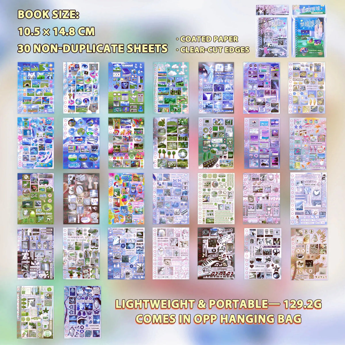 2 Styles 30 Sheets Dreamcore Aesthetic Sticker Book – Frutiger Aero Die-Cut Glossy Matte Textured Stickers for Journaling, Scrapbooking, Collage Art & INS Softcore Decor Premium Coated Paper Dreamy Spread
