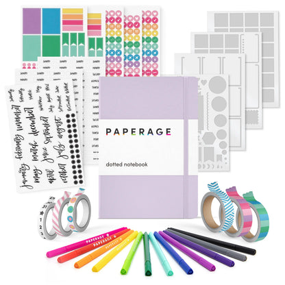 PAPERAGE Journaling & Scrapbooking Kit with Vegan Leather Cover, Office Stationery Supplies Including The Notebook with Dotted Pages, Fineliner Pens, Sticker Sets, Stencil Sheets, Washi Tapes, Planner for Bujo Aesthetic