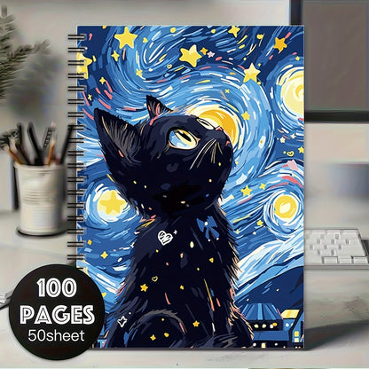 1pc Starry Sky And Black Cat Spiral Notebook Journal, Mixed Color, Paper Material, with Scrapbook Kit, for School Office Supplies, Friend, Coworker, Women, Me