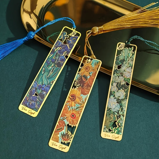 A Vintage Floral Painting Metal Bookmark, Featuring a Hollow Design And Golden Plating with a Tassel, Suitable As a Stationery Gift for Book Lovers, Reading Club Members, Birthdays, Holidays, Writers, Book Enthusiasts, Friends, Teachers