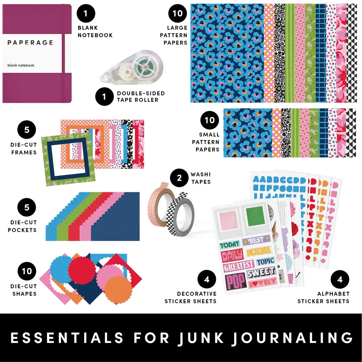 PAPERAGE Junk Journal Notebook & Scrapbooking Kit, Complete Stationery Set with 160-Page Blank Notebook, Sticker Sheets, Washi Tapes, Patterned Papers, Layering Supplies & Tape Roller, All-In-One Beginner Journaling Kit
