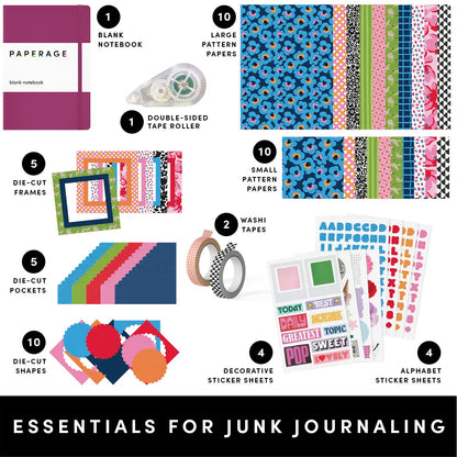 PAPERAGE Junk Journal Notebook & Scrapbooking Kit, Complete Stationery Set with 160-Page Blank Notebook, Sticker Sheets, Washi Tapes, Patterned Papers, Layering Supplies & Tape Roller, All-In-One Beginner Journaling Kit