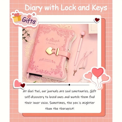 Girl's Diary with Lock And Key; Gift Idea; 360 Pages with Golden Edge; Feminine B6 Fillable Notebook with Pen Bookmark; Writing Book In Garden Pink, Best Gift, And Back to School Supplies