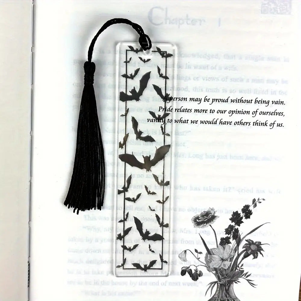 1 Set of Transparent Acrylic Bat Pattern Bookmark with Black Tassel, Available in Various Sizes - a Thoughtful Gift for Bookworms, Colleagues and Relatives; Ac Bookmark Decoration
