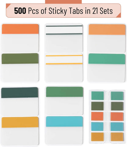 Bright Sticky Index Tabs, 500 Tabs (21 Sets), Office Stationery for Page Marking, Notebooks, Binders, Books