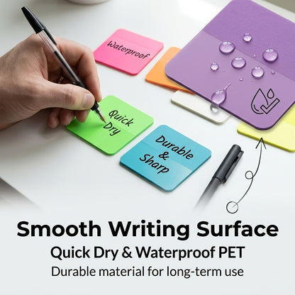 100 Sheets Transparent Sticky Notes, 5 Packs Random Color PET Self-Adhesive Memo Pad, Translucent Notes for Reading Highlighting, Book Annotation, Office School Supplies