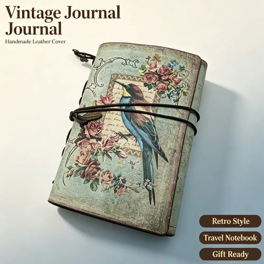 Hardcover Journal - PU Leather Bird-Floral Print Cover, Vintage, Elegant, Compact, Durable and Stylish, Portable, Versatile Office Stationery, The Notebook, Journal Notebook, Convenient for Personal & On-the-Go Use
