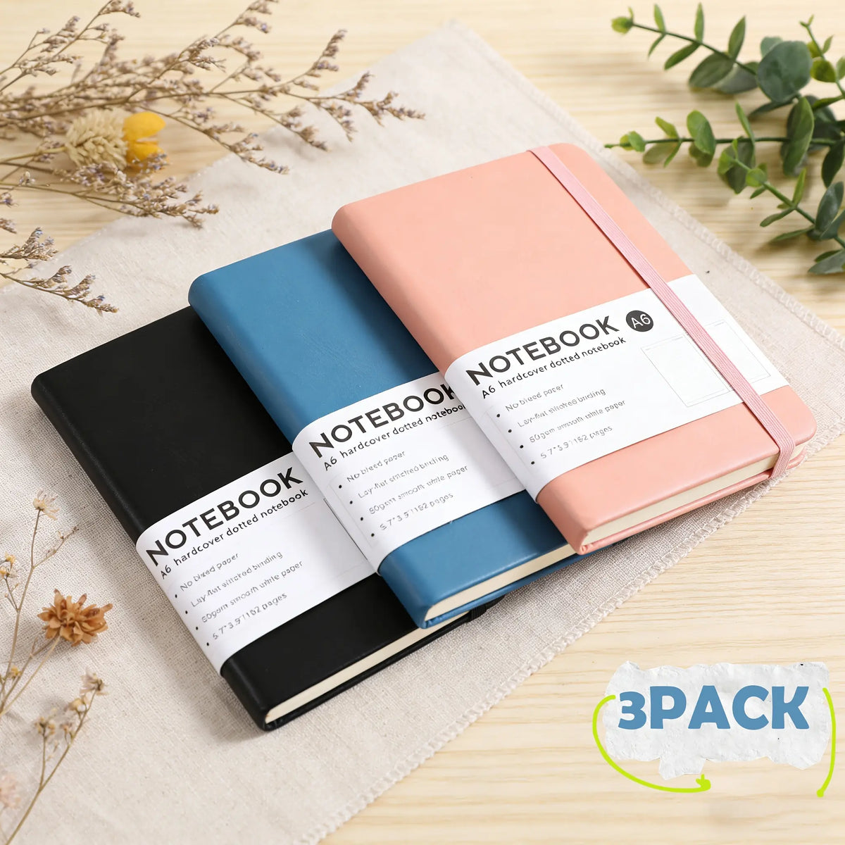 Unisex 3-Pack A6 Pocket Hardcover Lined Journal Notebook with Elastic Band, Single-Color Mini Portable Pocketbook, Home Supplies for Back to School & Daily Use