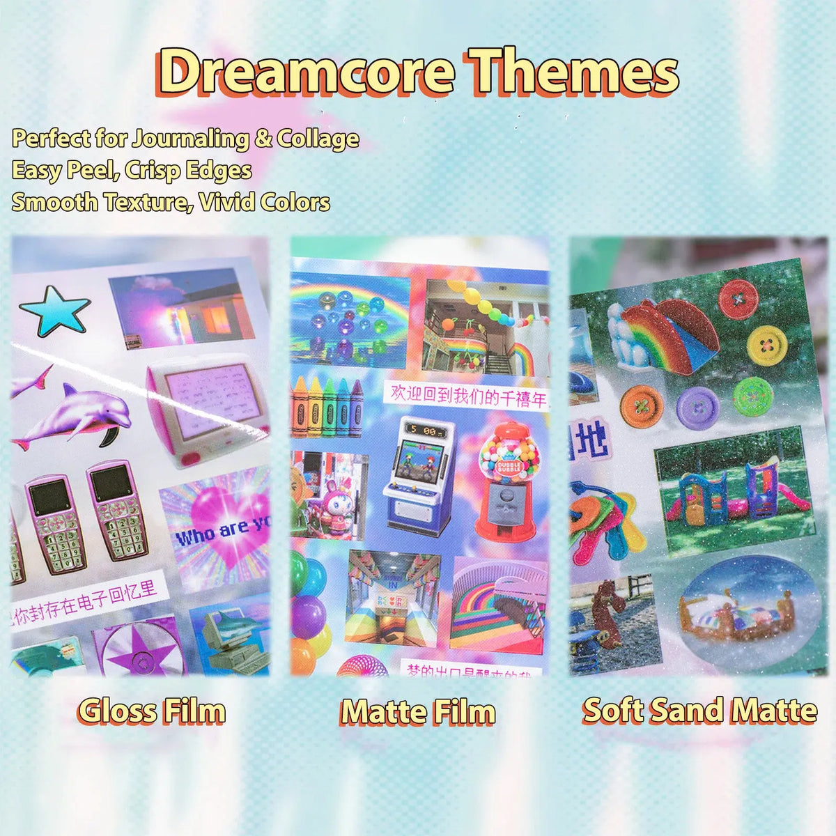 2 Styles 30 Sheets Dreamcore Aesthetic Sticker Book – Frutiger Aero Die-Cut Glossy Matte Textured Stickers for Journaling, Scrapbooking, Collage Art & INS Softcore Decor Premium Coated Paper Dreamy Spread