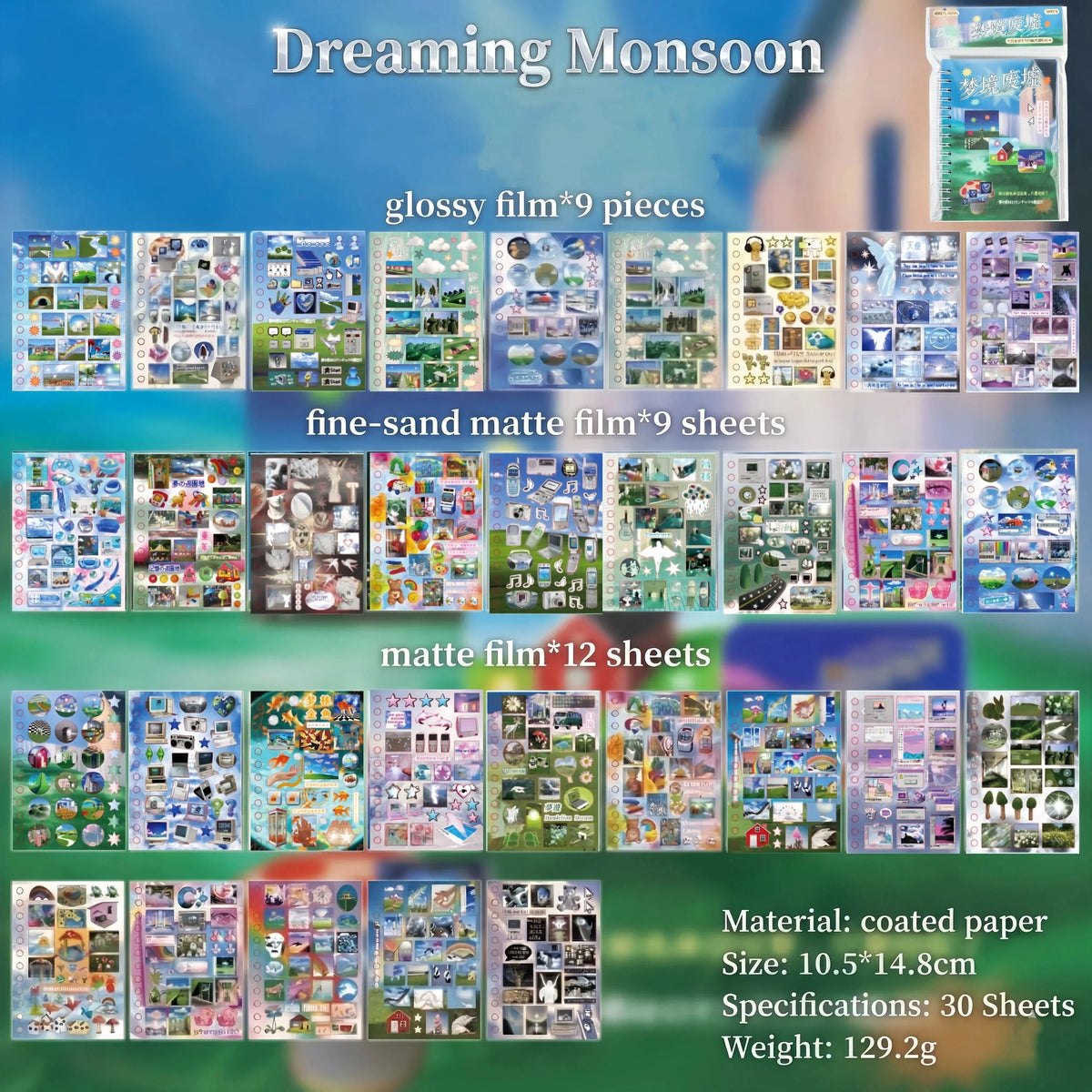 2 Styles 30 Sheets Dreamcore Aesthetic Sticker Book – Frutiger Aero Die-Cut Glossy Matte Textured Stickers for Journaling, Scrapbooking, Collage Art & INS Softcore Decor Premium Coated Paper Dreamy Spread