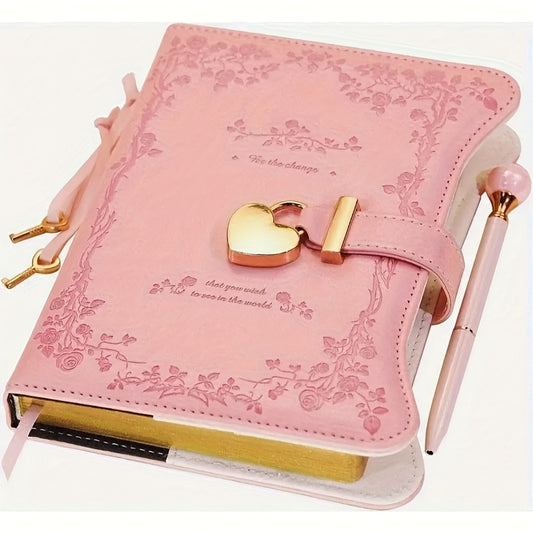 Girl's Diary with Lock And Key; Gift Idea; 360 Pages with Golden Edge; Feminine B6 Fillable Notebook with Pen Bookmark; Writing Book In Garden Pink, Best Gift, And Back to School Supplies