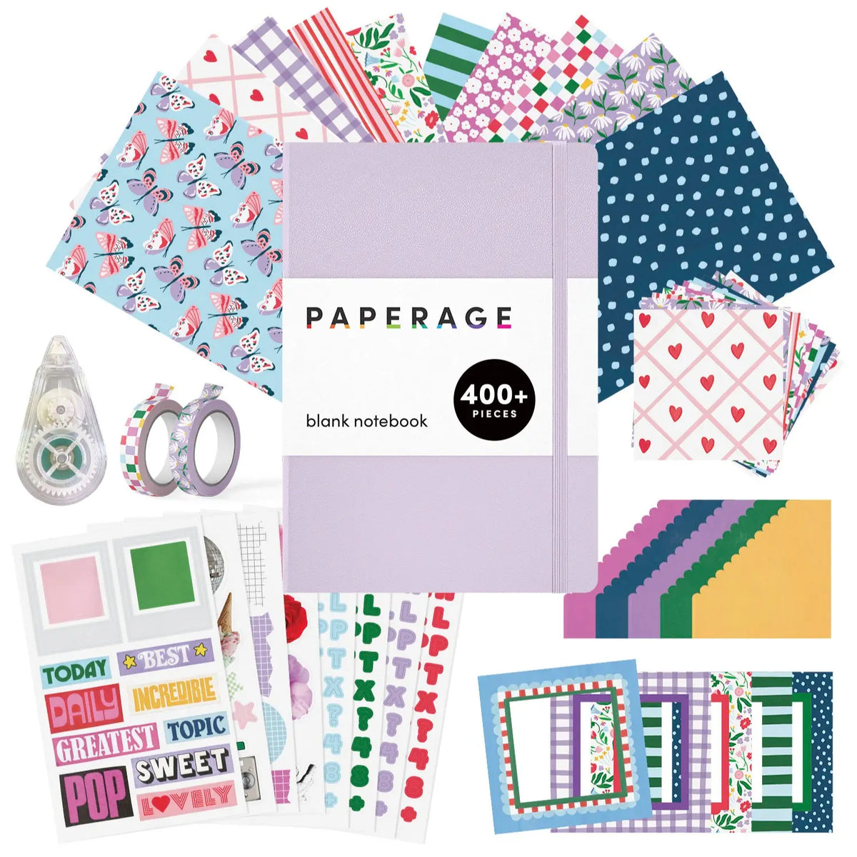 PAPERAGE Junk Journal Notebook & Scrapbooking Kit, Complete Stationery Set with 160-Page Blank Notebook, Sticker Sheets, Washi Tapes, Patterned Papers, Layering Supplies & Tape Roller, All-In-One Beginner Journaling Kit