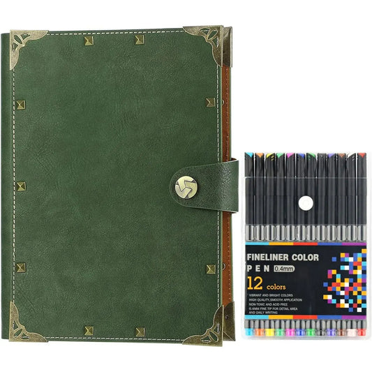 A5 Binder Planner PU Leather Refillable Journal Lined Paper Notebook with 12 Markers, 6 Rings Binder Journal A5 Planner Refillable Planner Notepad Writing Journals for Girls Women Mens