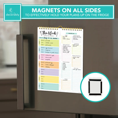 Decorably 52 Sheets Pastel Undated Magnetic Weekly Meal Planner and Grocery List Notepad with 4 Strong Magnets - 8.5x11in Spring-Bound, Refrigerator Mountable, Easy Tear-Off Design